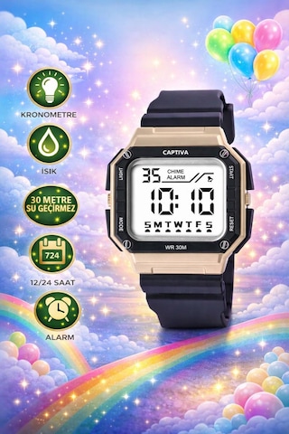 Captiva Digital 3 Atm Suya Dayanıklı Işık+alarm+kronometre+takvimli Çoçuk Kol Saati Cp.yn.26.m1 Beyaz