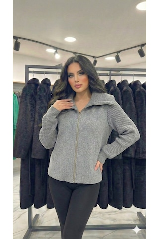 Ribana Classic Kadın Yaka Detaylı Astarlı Slim Fit Kısa Mont Gri