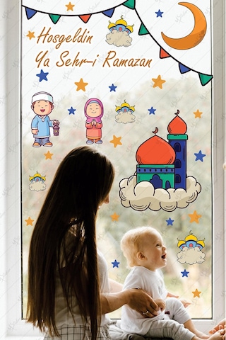 Ramazan Ayı Temalı Cam Duvar Süsleri Hoşgeldin Ramazan Sticker Seti Çok Renkli