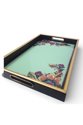 Sudedi Home Altın Çerçeveli Yeşil Floral Desenli Melamin Sunum Tepsisi 31x46 Cm Yeşil