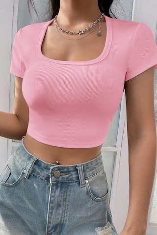 Epilons Zenvial Kadın Pembe Yarım Kol Düz Yaka Crop Top Bluz Zenviall2