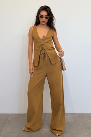 Madmext Camel Önü Bağlamalı Yelek Pantolon Kadın Takım Mg2403