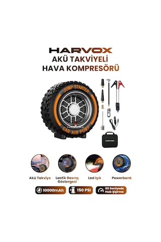 Harvox 10.000mah Akü Takviyeli Hava Kompresörü Şarjlı Powerbankli Göstergeli Araç Lastik Şişirme 150 Psı