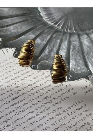 Çizgili Halka Çelik Kararmaz Gold Kaplama Küpe Çifti Altın