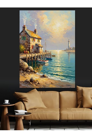Ahşap Tablo Limanda Küçük Balıkçı Evi Yiyecek Ve İçecek Tabloları