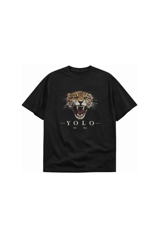 Yolo Street Oversize Siyah Tişört Ön Baskılı Leopar Yolo Tasarım %100 Pamuk Unisex Streetwear Siyah