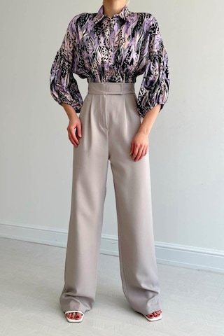 Beli Lastikli Saten Gömlek - Lila Karışık Çok Renkli