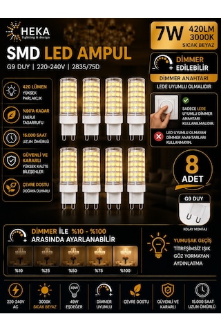 8 Adet Heka 7w Günışığı 3000k G9 Duylu Dim Edilebilir Led Kapsül Ampul