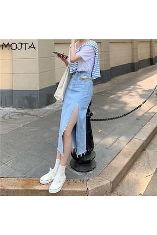 Yaz Kadın Kot Etek Klasik Açık Mavi Yüksek Bel Günlük Kot Bayan Kot Etek Açık Mavi