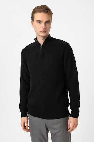 Back And Bond Siyah Regular Fit Desenli Dik Yaka Yarım Fermuarlı Triko Kazak