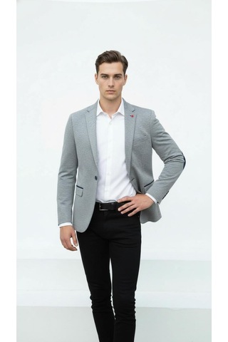 Plus Scorpion Gri Erkek İtalyan Kesim Blazer Ceket Lacivert Detaylı, Kol Yamali, Slim Fit Şık Tasarım Lacivert
