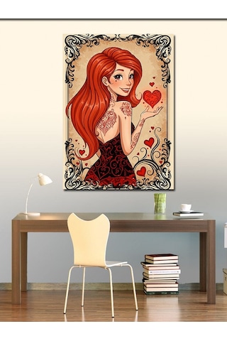 Kanvas Tablo Kırmızı Saçlı Kadın Kalp 50cmx70cm