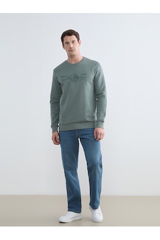 Lcwaıkıkı Classic Yeşil Bisiklet Yaka Baskılı Erkek Sweatshirt