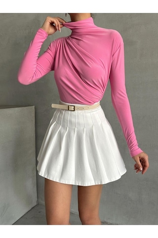 Kadın Büzgü Detaylı Dik Yaka Sandy Bluz Pembe