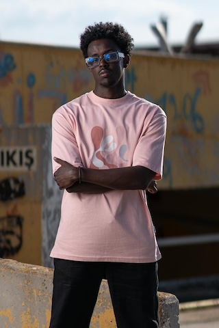 Bisiklet Yaka Lu Önü Baskılı Oversize Geniş Model T-Shirt Pembe
