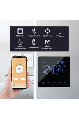 Reedark Siyah Wifi Akıllı Su Isıtma Termostati - Lcd Dokunmatik Ekran, Uygulama Kontrolü, Haftalık Programlama, 3a