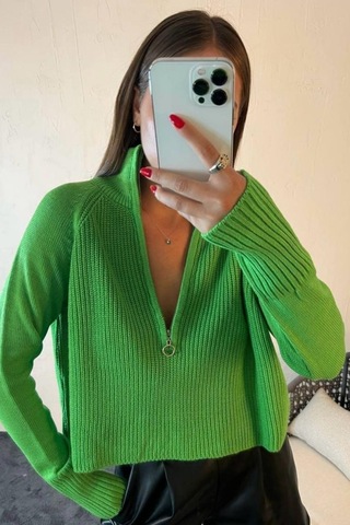 Balenbi Kadın Fermuarlı Balıkçı Yaka Crop Oversize Triko Kazak 1029 Yeşil