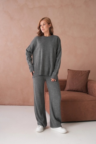 Kadın Bisiklet Yaka Yırtmaçlı Kazak Pantolon İkili Triko Takım Antrasit