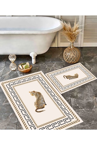 Leopar Desen Banyo Paspası, Kaymaz Taban, Yıkanabilir Paspas, Krem