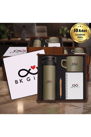 Logonuza Özel 10 Adet Ahşap Kutulu Koyu Yeşil Kurumsal Hediye Seti Cam Suluk, Seramik Fincan, Defter Ve Kalemli Promosyon Seti 85084710
