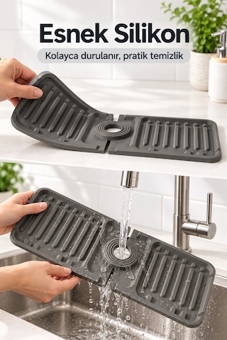 Lavabo Kenarı Silikon Su Geçirmez Musluk Matı 37x14cm Gri