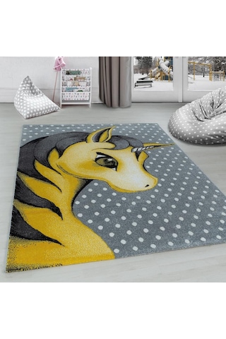 Sevimli Peri Atı Desenli Soft Çocuk Halısı Gri Sarı Beyaz Renklerde Gri - Sarı