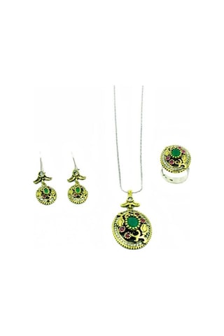 Kök Yakut Ve Zümrüt Taşlı Otantik Oksitli Gümüş Kadın Set Yüzük K