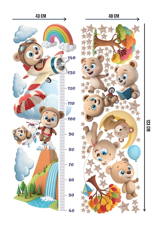 Sevimli Ayıcık Temalı Boy Ölçerli Duvar Sticker Seti - Mat, Sökülebilir, Çocuk Odası Dekoru 010 - Mat Beyaz