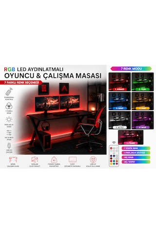 Rgb Led Aydınlatmalı Oyuncu Ve Çalışma Masası Kumandalı 7 Renk Işıklı Bilgisayar Masası Mat Siyah