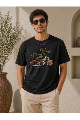 Defymoda Erkek Motosiklet Baskılı Tişört Bisiklet Yaka Kısa Kol Yazlık T-shirt - Siyah