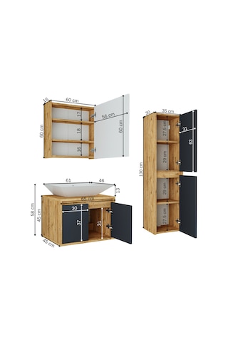 Banos Roomart Lavabolu Ahşap-Antrasit 65Cm Banyo Dolabı+Aynalı+Bo Antrasit