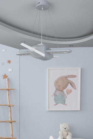 Uçak Temalı Entegre Led Çocuk Odası Sarkıt Avize 70x80cm Kişiye Özel Tasarım, El Yapımı Görünüm Gri Gri