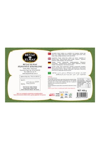 Beyaz Elmas Beyas Elmas Fıstıklı Saray Helvası 400 Gr - %100 Doğal Pancar Şekerli