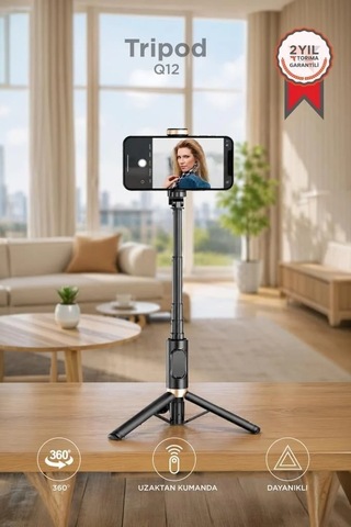 Delux Serisi Aksesuar Kamera Tripod Çok Amaçlı Kumandalı Selfie Çubuğu Q12 Siyah