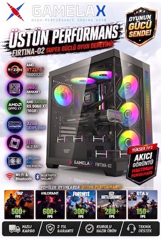 Gamelax FIRTINA-02 R7-9800X3D 32 GB 1 TB SSD RX9060XT 16 GB Free Dos Masaüstü Bilgisayar
