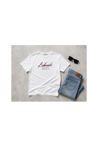 Me Selection Lakeside Tasarım %100 Pamuk Unisex Basic Tişört Beyaz