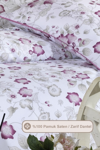 Elart Rose Nevresim Takımı King Size Battal Boy Digital Baskılı %100 Pamuk Saten Dantelli 240x220 Cm Pudra Pudra