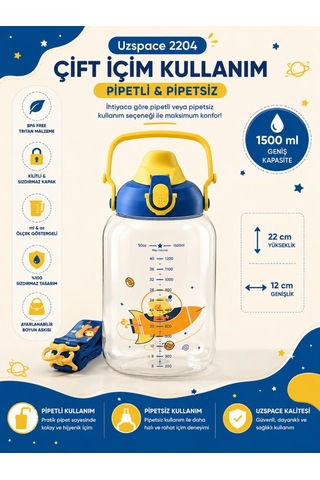Uzspace 2204 Mavi 1500 Ml Çift İçim Ölçek Göstergeli Tritan Çocuk Su Matarası