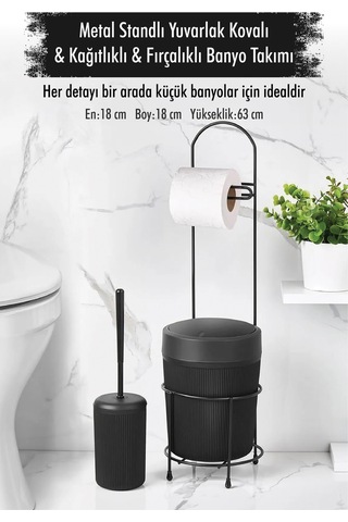 Tuvalet Kağıtları Metal Standlı Yuvarlak Kovalı & Kağıtlıklı & Fırçalıklı Siyah Banyo Takımı Diğer