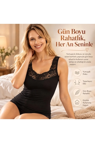 Genel Kadın Pamuklu Dantelli Kare Yaka Atlet Siyah Beyaz Kalın Askılı Şık Rahat Günlük İç Giyim At