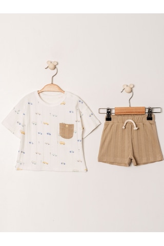 Jakarlı Örme Tişört Şort Takım Kahverengi