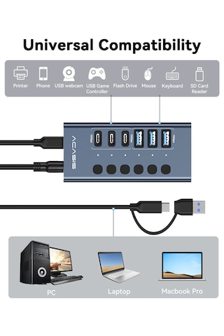Acasis Hb06 Pro 6 Port 10gbps Usb 3.2 Hub Type-c/type-a 48w Adaptörlü Alüminyum Kasa