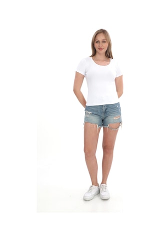 Monox Kadın Fitilli Likralı Pamuk Basic Tshirt Beyaz