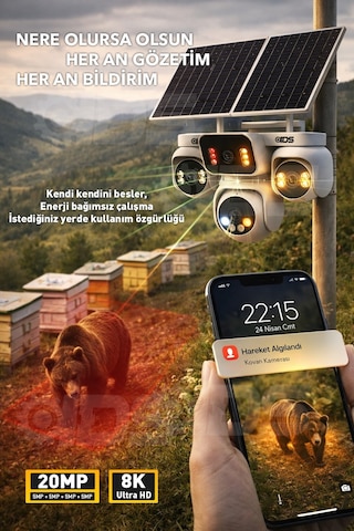 4 Kamera 360 Görüş 20mp 4g Güneş Enerjili Sim Kartlı Güvenlik Kamerası - Otomatik Kişi Takibi