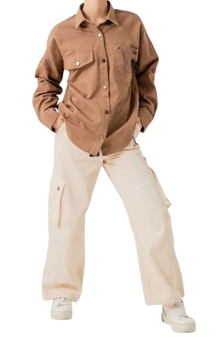 Kız Çocuk Keten Kumaş Zincir Detaylı Gömlek Ve Kargo Cepli Bol Paça Pantolon Takımı Açık Kahverengi