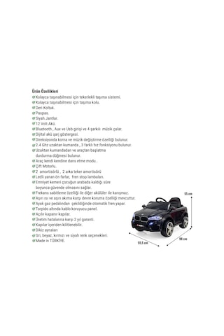 Blade Gt 12v Uzaktan Kumandalı Bluetooth Ve Usb Destekli Led Farlı Emniyet Kemerli Çocuk Akülü Araba Siyah