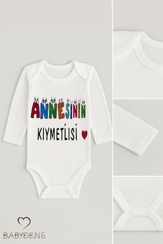Babyden's Annesinin Kıymetlisi Yazılı Uzun Kollu Çıtçıtlı Bebek Body Zıbın %100 Pamuk, Unisex Beyaz