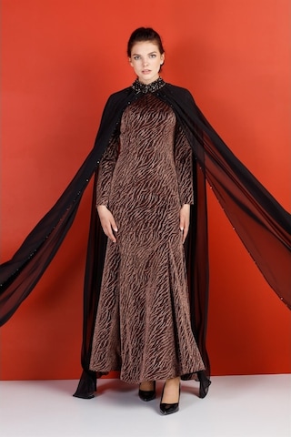 Bakır - Yakası Taşlı Şifon Pelerinli Abiye Elbise Bakır