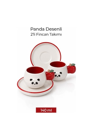 Panda Desenli Kiraz Kulplu 2'li Kahve Fincanı 140 Ml Beyaz