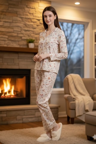 Remsa Kadın Çiçek Desenli Önü Düğmeli Yumuşak Milan Kumaş Pijama Takımı 250347-6 Krem Krem